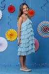 Shop_Casa Ninos_Blue Silk, Cotton, Net Ruffle Layered Halter Neck Dress _at_Aza_Fashions