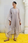 Buy_Label Niti Bothra_Grey Banaras Silk Base Embroidered Resham Round Floral Applique Kurta Pant Set_at_Aza_Fashions