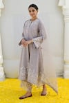 Shop_Label Niti Bothra_Grey Banaras Silk Base Embroidered Resham Round Floral Applique Kurta Pant Set_at_Aza_Fashions