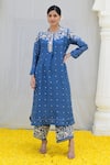 Buy_Label Niti Bothra_Blue Banaras Silk Base Embroidered Resham Round Kurta And Palazzo Set_at_Aza_Fashions