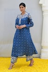 Shop_Label Niti Bothra_Blue Banaras Silk Base Embroidered Resham Round Kurta And Palazzo Set_Online_at_Aza_Fashions