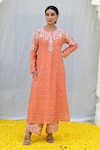 Buy_Label Niti Bothra_Peach Banaras Silk Base Embroidered Resham Round Kurta And Palazzo Set_at_Aza_Fashions