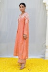 Shop_Label Niti Bothra_Peach Banaras Silk Base Embroidered Resham Round Kurta And Palazzo Set_at_Aza_Fashions