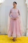 Buy_Label Niti Bothra_Pink Banaras Silk Base Embroidered Resham Notched Anarkali Palazzo Set_at_Aza_Fashions
