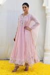 Buy_Label Niti Bothra_Pink Banaras Silk Base Embroidered Resham Notched Anarkali Palazzo Set_Online_at_Aza_Fashions