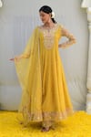 Buy_Label Niti Bothra_Yellow Banaras Silk Base Embroidered Resham Notched Anarkali Palazzo Set_Online_at_Aza_Fashions