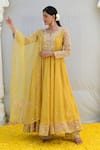 Label Niti Bothra_Yellow Banaras Silk Base Embroidered Resham Notched Anarkali Palazzo Set_at_Aza_Fashions