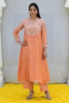 Buy_Label Niti Bothra_Peach Banaras Silk Base Embroidered Resham Cutwork Kurta And Palazzo Set_at_Aza_Fashions