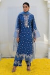 Label Niti Bothra_Blue Banaras Silk Base Embroidered Floral Notched Kurta Palazzo Set _Online_at_Aza_Fashions