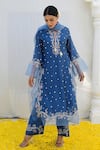 Shop_Label Niti Bothra_Blue Banaras Silk Base Embroidered Floral Notched Kurta Palazzo Set _Online_at_Aza_Fashions