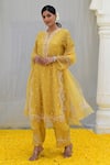Buy_Label Niti Bothra_Yellow Banaras Silk Base Embroidered Floral Notched Tie-up Kurta Palazzo Set_at_Aza_Fashions