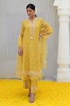 Label Niti Bothra_Yellow Banaras Silk Base Embroidered Floral Notched Tie-up Kurta Palazzo Set_Online_at_Aza_Fashions