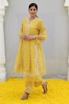 Shop_Label Niti Bothra_Yellow Banaras Silk Base Embroidered Floral Notched Tie-up Kurta Palazzo Set_Online_at_Aza_Fashions