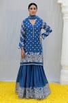Label Niti Bothra_Blue Banaras Silk Base Embroidered Floral V Neck Kurta Sharara Set_Online_at_Aza_Fashions