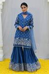 Shop_Label Niti Bothra_Blue Banaras Silk Base Embroidered Floral V Neck Kurta Sharara Set_Online_at_Aza_Fashions