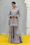 Buy_Label Niti Bothra_Grey Banaras Silk Base Embroidered Floral Notched Kurta Sharara Set_at_Aza_Fashions