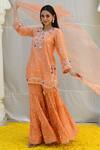 Buy_Label Niti Bothra_Peach Banaras Silk Base Embroidered Floral Notched Kurta Sharara Set_at_Aza_Fashions