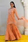 Label Niti Bothra_Peach Banaras Silk Base Embroidered Floral Notched Kurta Sharara Set_Online_at_Aza_Fashions