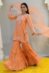 Buy_Label Niti Bothra_Peach Banaras Silk Base Embroidered Floral Notched Kurta Sharara Set_Online_at_Aza_Fashions