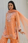 Label Niti Bothra_Peach Banaras Silk Base Embroidered Floral Notched Kurta Sharara Set_at_Aza_Fashions