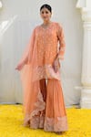 Buy_Label Niti Bothra_Peach Banaras Silk Base Embroidered Floral V Neck Short Kurta Sharara Set _at_Aza_Fashions