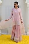 Label Niti Bothra_Pink Banaras Silk Base Embroidered Floral V Neck Kurta Sharara Set _Online_at_Aza_Fashions