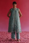 Buy_Taisha_Blue Pure Linen Silk Handloom Woven Sequin Round Neck Pushti Jacket Kurta _at_Aza_Fashions