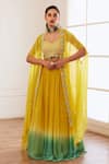 Buy_Sonal Pasrija_Yellow Silk, Georgette, Viscose Pearls, Embroidered Cape Ombre Lehenga Set _at_Aza_Fashions