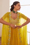 Sonal Pasrija_Yellow Silk, Georgette, Viscose Pearls, Embroidered Cape Ombre Lehenga Set _Online_at_Aza_Fashions
