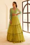Buy_Sonal Pasrija_Green Georgette, Net, Silk, Linen Pearls, Tiered Lehenga Embroidered Blouse Set _at_Aza_Fashions