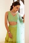 Sonal Pasrija_Green Georgette, Net, Silk, Linen Pearls, Tiered Lehenga Embroidered Blouse Set _Online_at_Aza_Fashions