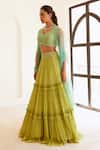 Buy_Sonal Pasrija_Green Georgette, Net, Silk, Linen Pearls, Tiered Lehenga Embroidered Blouse Set _Online_at_Aza_Fashions