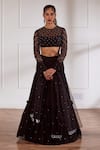 Buy_Sonal Pasrija_Black Georgette, Net Pearls Round Neck Embroidered Blouse Tiered Lehenga Set _at_Aza_Fashions