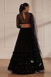Shop_Sonal Pasrija_Black Georgette, Net Pearls Round Neck Embroidered Blouse Tiered Lehenga Set _at_Aza_Fashions