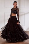 Sonal Pasrija_Black Georgette, Net Pearls Round Neck Embroidered Blouse Tiered Lehenga Set _Online_at_Aza_Fashions