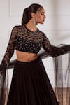 Buy_Sonal Pasrija_Black Georgette, Net Pearls Round Neck Embroidered Blouse Tiered Lehenga Set _Online_at_Aza_Fashions