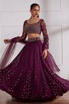 Buy_Sonal Pasrija_Wine Net, Georgette, Silk Pearls, Sequins Embroidered Godet Panelled Lehenga Set _at_Aza_Fashions
