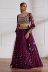 Sonal Pasrija_Wine Net, Georgette, Silk Pearls, Sequins Embroidered Godet Panelled Lehenga Set _Online_at_Aza_Fashions