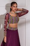 Buy_Sonal Pasrija_Wine Net, Georgette, Silk Pearls, Sequins Embroidered Godet Panelled Lehenga Set _Online_at_Aza_Fashions