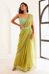 Buy_Sonal Pasrija_Green Georgette, Organza, Linen, Silk Embroidery, Pre-draped Saree And Blouse Set _at_Aza_Fashions