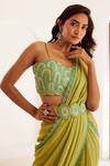 Buy_Sonal Pasrija_Green Georgette, Organza, Linen, Silk Embroidery, Pre-draped Saree And Blouse Set _Online_at_Aza_Fashions