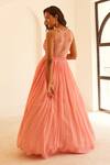 Shop_Sonal Pasrija_Peach Georgette, Net, Linen, Silk Cutdana Embellished Yoke Anarkali With Dupatta _at_Aza_Fashions