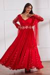 Buy_Sonal Pasrija_Red Georgette, Net, Silk Pearls, Placed Embellished Anarkali With Dupatta _at_Aza_Fashions