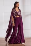Buy_Sonal Pasrija_Wine Georgette, Silk Embroidery, Cut Flower Cutdana Embellished Cape Sharara Set _Online_at_Aza_Fashions
