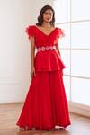Buy_Sonal Pasrija_Red Georgette, Organza, Silk Cut Work, Sequins, Ruffled Peplum Top Sharara Set _at_Aza_Fashions