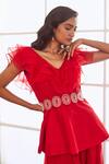 Sonal Pasrija_Red Georgette, Organza, Silk Cut Work, Sequins, Ruffled Peplum Top Sharara Set _Online_at_Aza_Fashions