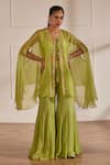 Buy_Sonal Pasrija_Green Georgette, Silk, Viscose Floral Cutdana Embellished Sheer Cape Sharara Set _at_Aza_Fashions