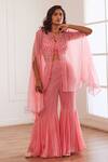 Buy_Sonal Pasrija_Pink Georgette, Viscose, Silk Cut Floral Crystal Embellished Cape Sharara Set _at_Aza_Fashions