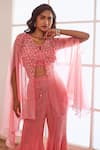 Sonal Pasrija_Pink Georgette, Viscose, Silk Cut Floral Crystal Embellished Cape Sharara Set _Online_at_Aza_Fashions