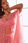 Buy_Sonal Pasrija_Pink Georgette, Viscose, Silk Cut Floral Crystal Embellished Cape Sharara Set _Online_at_Aza_Fashions